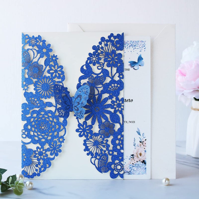 Hosmsua 50PCS Royal Blue Butterfly QuinceaÃ±era Invitation and Envelope 5.12 x 7.3 Inch Laser Cut Lace Flora Quinceanera Invitation for Bridal Shower Wedding invite (Royal Blue Glitter) - Image 5